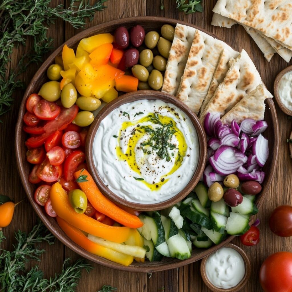 Overhead view of Greek yogurt sauce surrounded by vegetables, pita bread, and Mediterranean appetizers