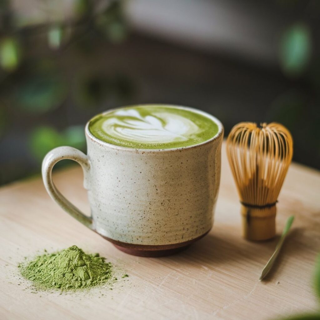 Relaxing with a warm matcha latte