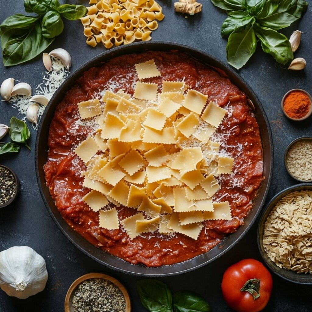Breaking one pot lasagna noodles into a skillet of red sauce with ingredients nearby