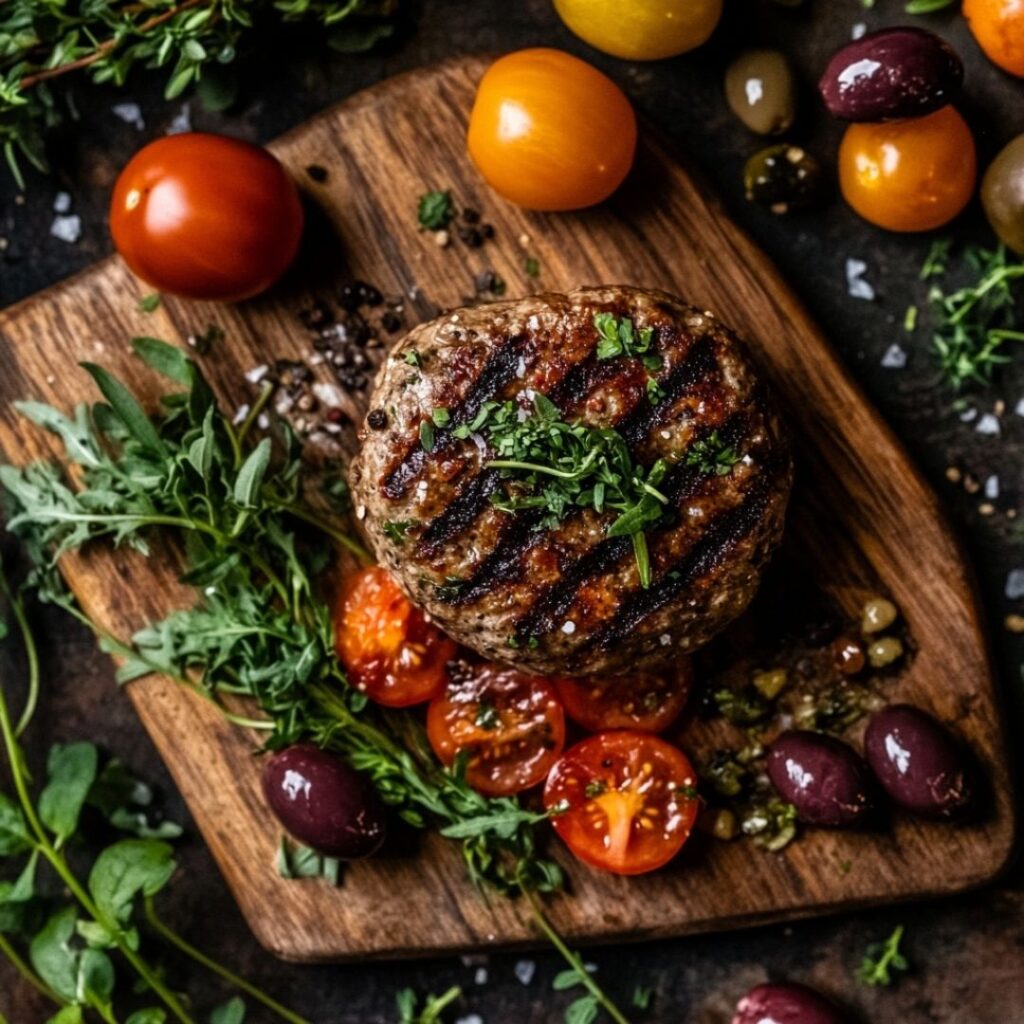 Overhead view of Mediterranean-style low carb burger with portobello buns and fresh ingredients on wooden board