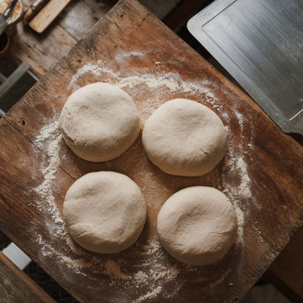 Four rounded homemade pizza dough balls on wooden surface with flour dusting