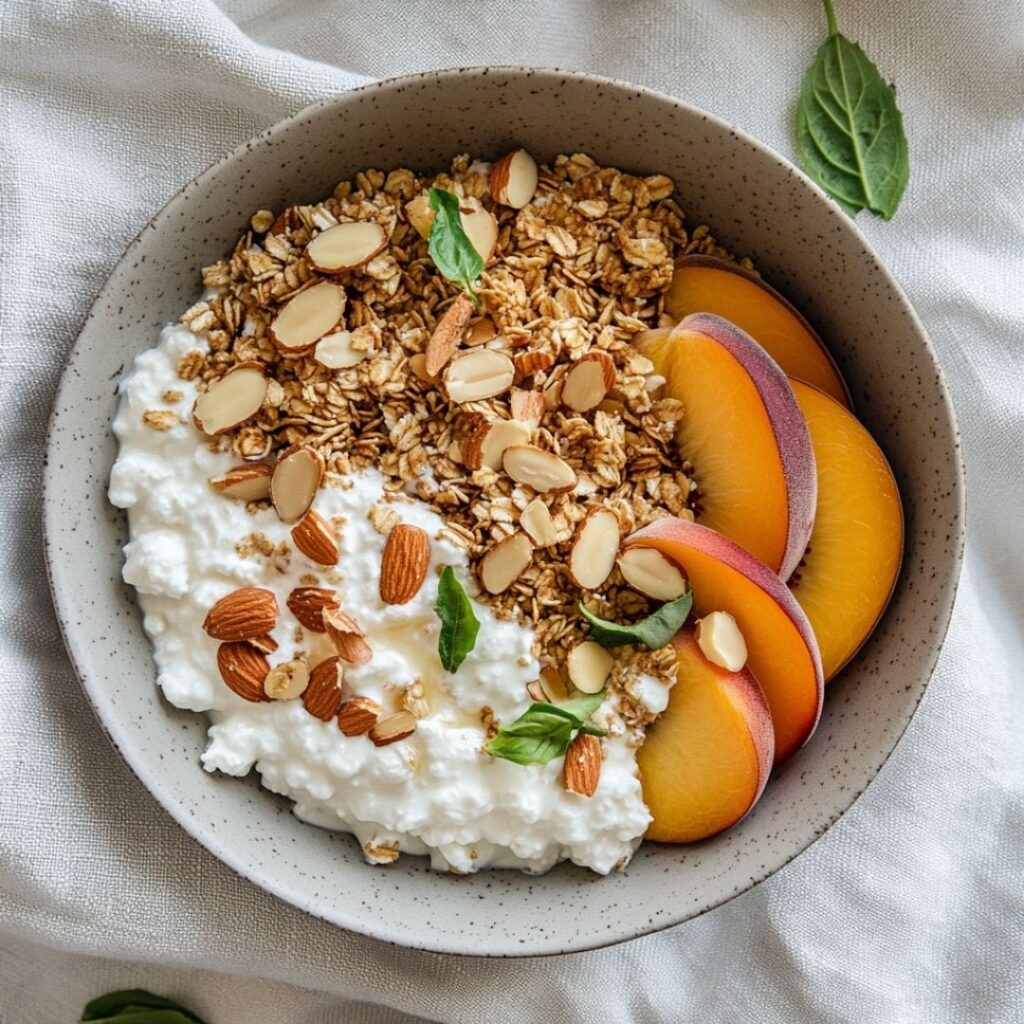 Breakfast bowl with cottage cheese, granola, and fresh peaches