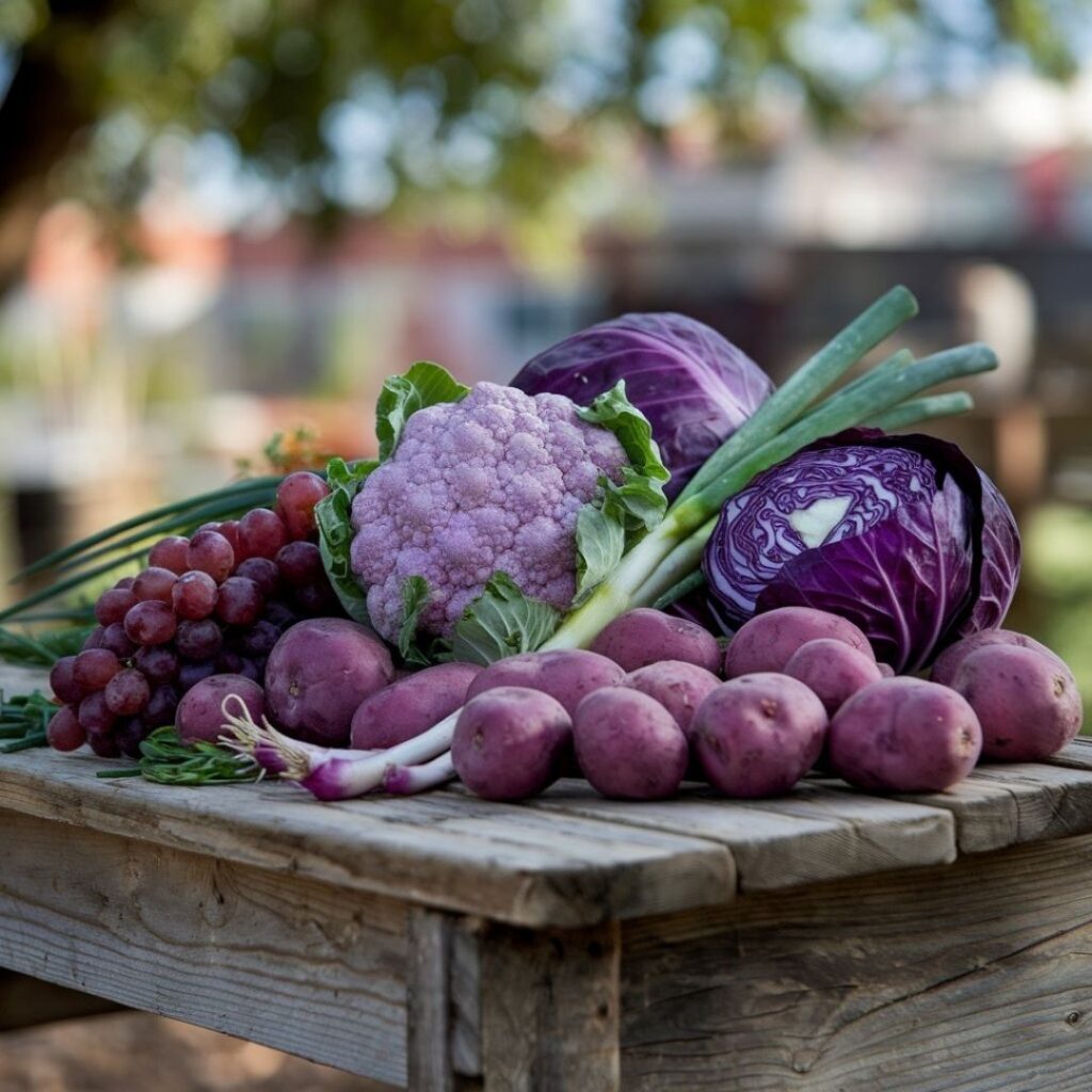 Variety of purple fruits and vegetables displaying nutritional diversity of purple food benefits