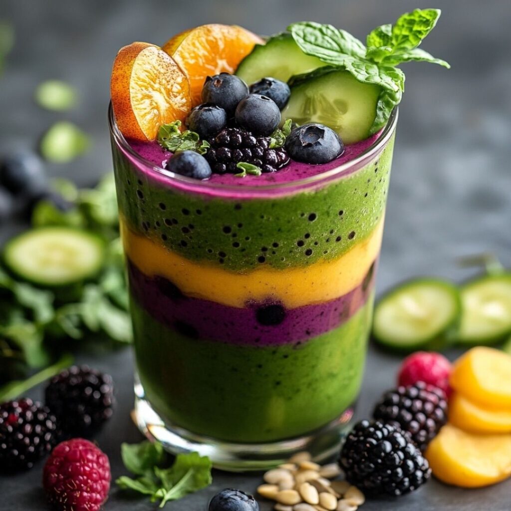 Layered healthy smoothie in a clear glass showing green, purple, and yellow ingredients