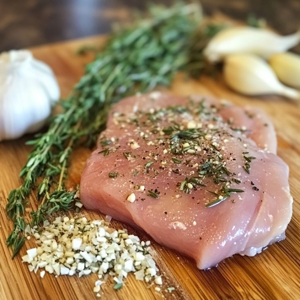 Close-up of raw chicken breast surrounded by fresh herbs and spices on a cutting board considering health Benefits of Chicken Breast