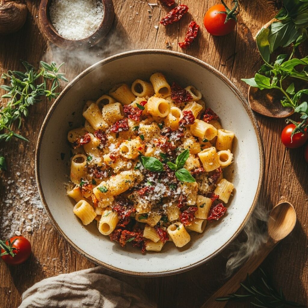 Overhead shot of ditalini pasta dish with cooking ingredients on wooden table