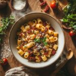Overhead shot of ditalini pasta dish with cooking ingredients on wooden table