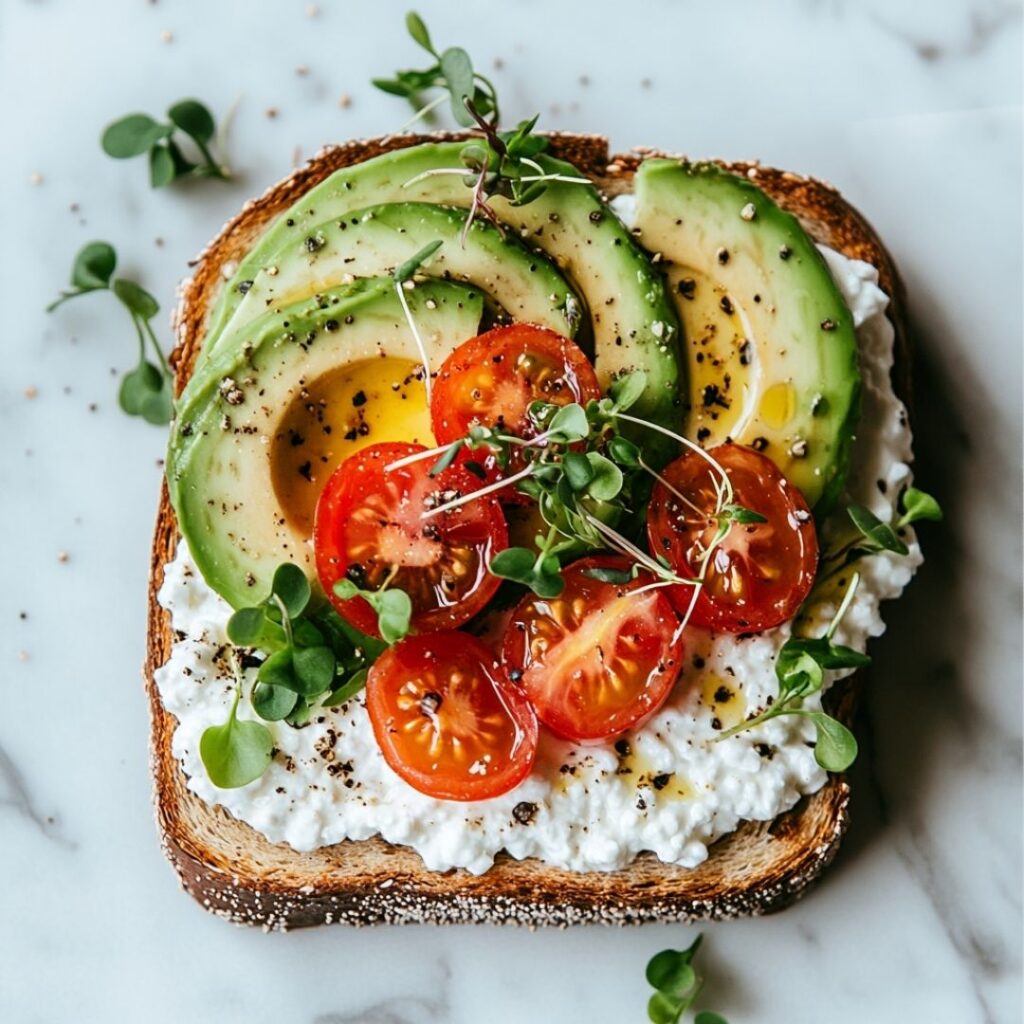 Healthy toast topped with cottage cheese, avocado, and tomatoes highlighting the benefits of cottage cheese