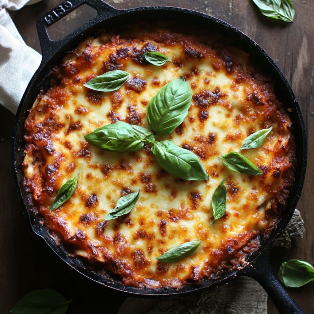 Overhead view of bubbling one pot lasagna in cast-iron skillet with melted cheese and fresh basil garnish