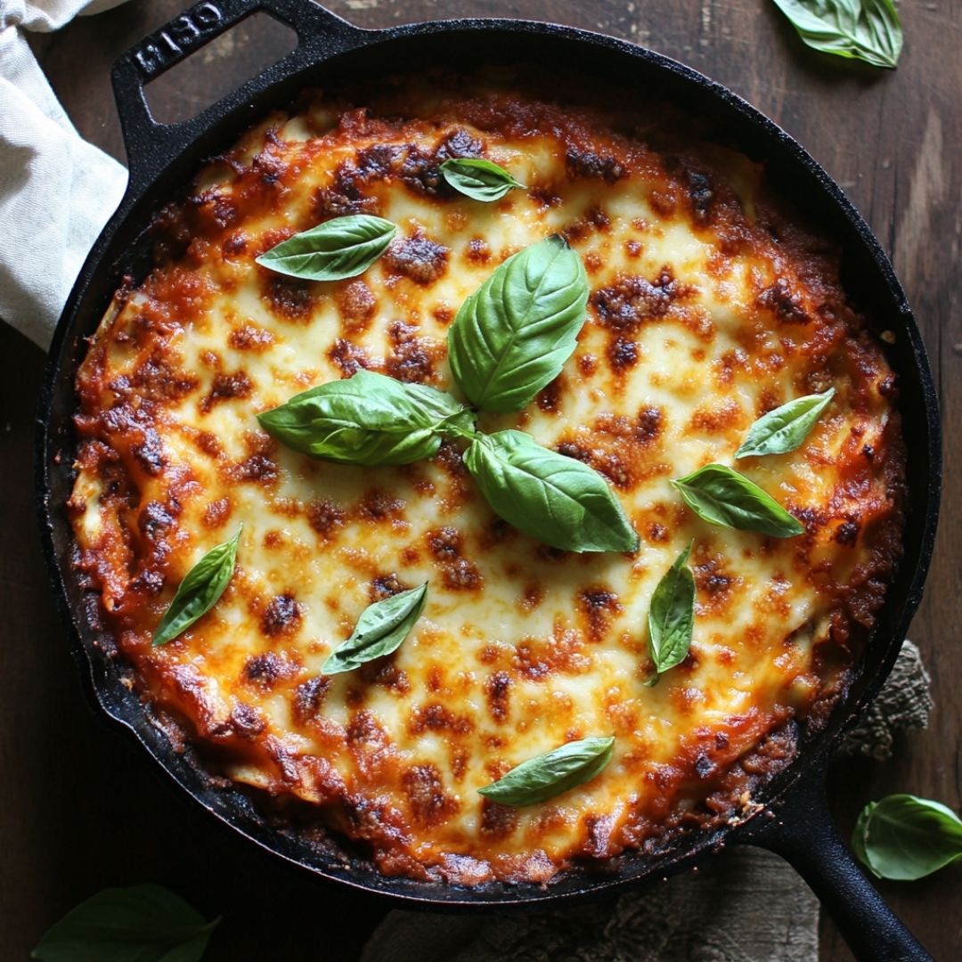 Overhead view of bubbling one pot lasagna in cast-iron skillet with melted cheese and fresh basil garnish
