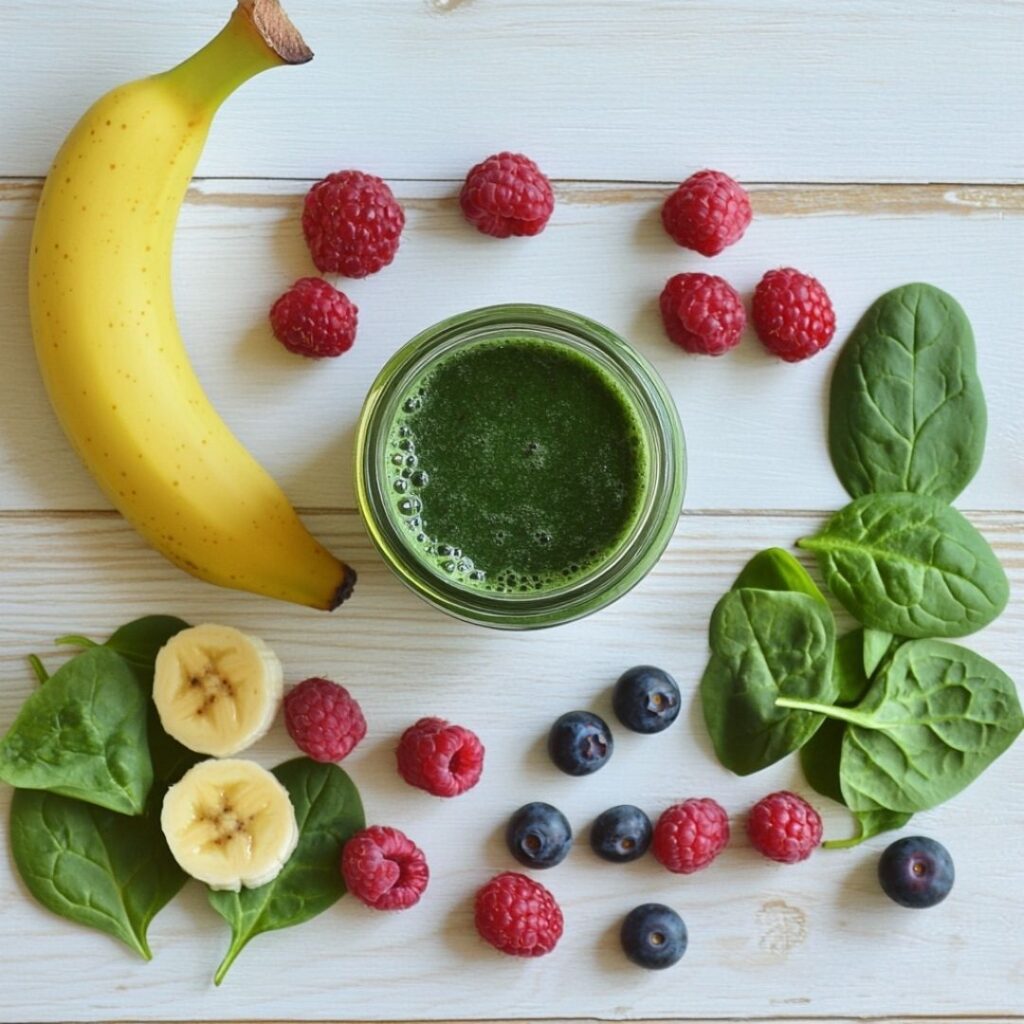 Preparation of green smoothie with spinach and fruits