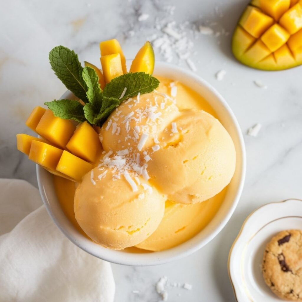 Overhead shot of two scoops of mango sherbet on white marble surface with tropical garnishes arranged around the plate