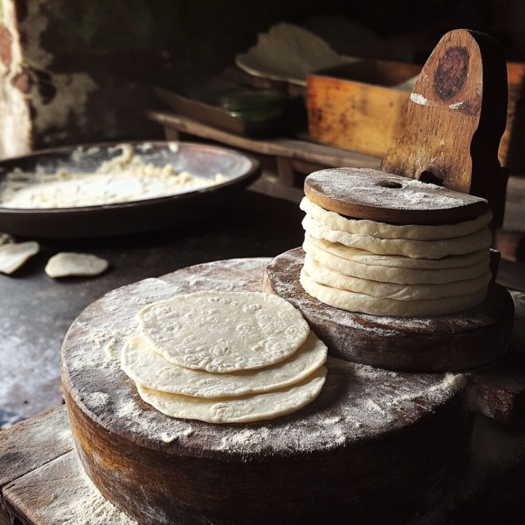 Making fresh corn tortillas using traditional Mexican cuisine methods and tools