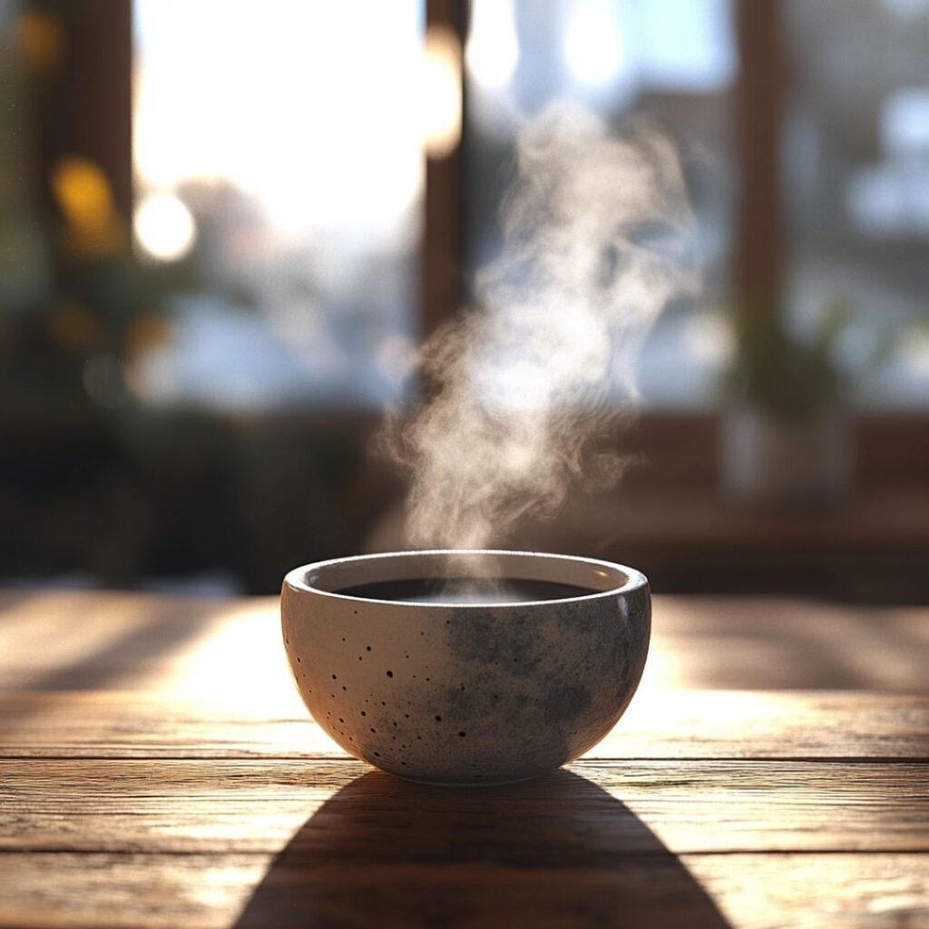 Steam rising from an artisanal coffee cup on a rustic wooden table, bathed in morning sunlight