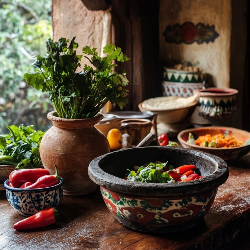Traditional Mexican kitchen scene with molcajete, fresh produce, and ceramic cookware