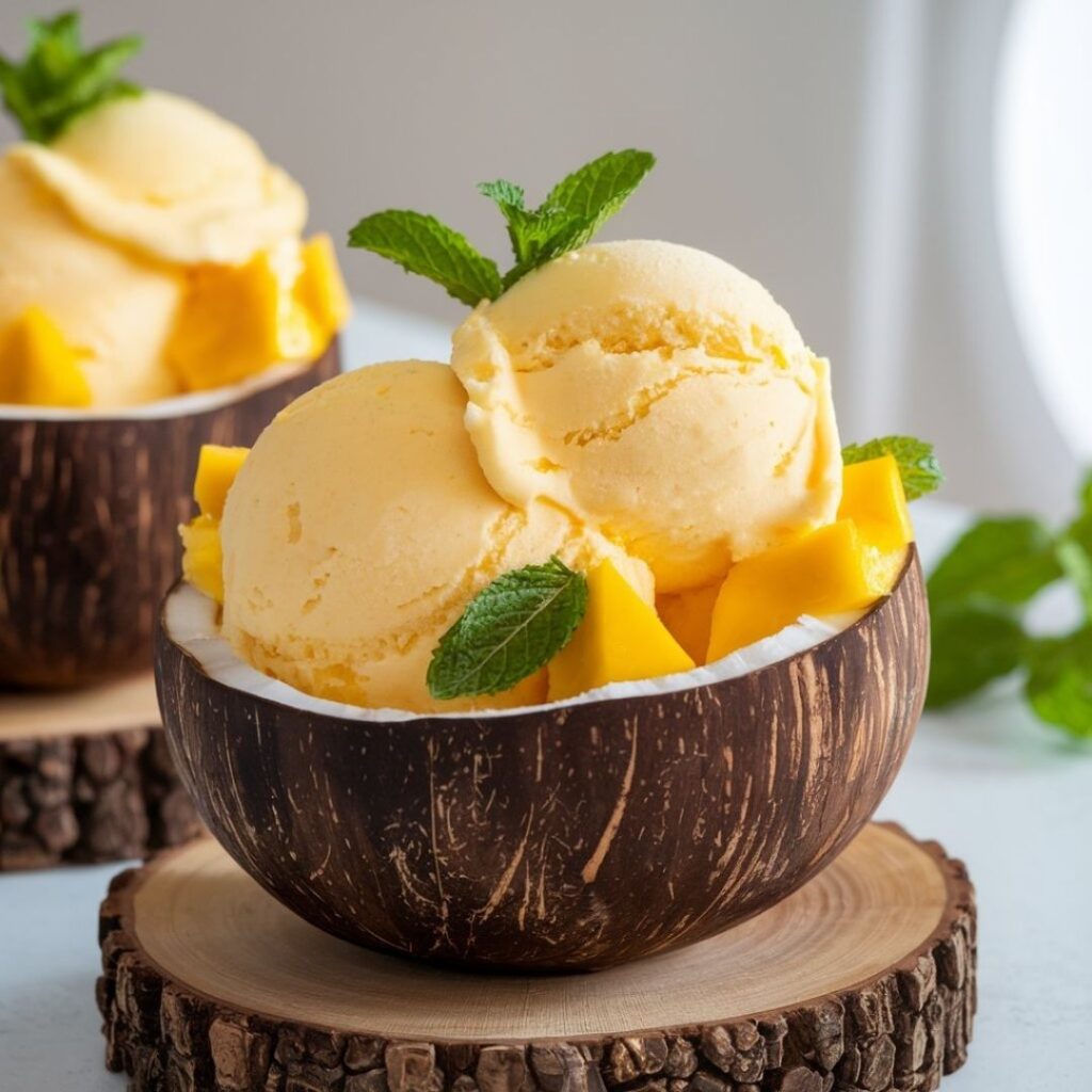 Scoops of orange-yellow mango sherbet in coconut bowl with fresh mango garnish