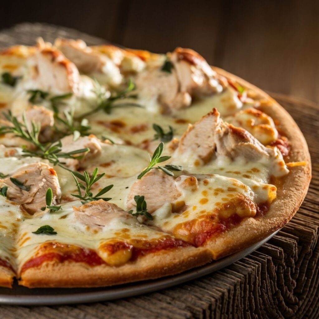 Hot and fresh Chicken Alfredo Pizza with melted cheese stretching as a slice is pulled away