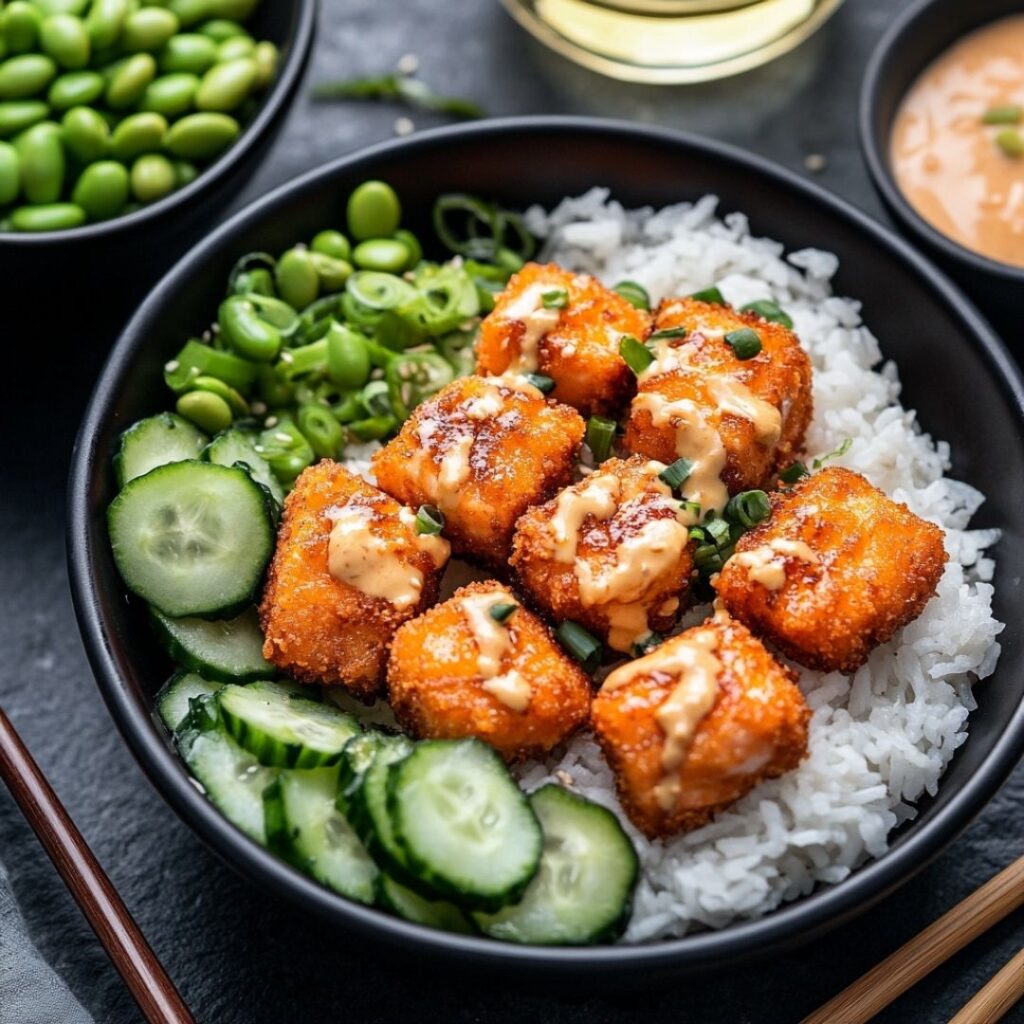Crispy bang bang salmon bites in a black bowl with rice, cucumber salad, and edamame sides on a dark stone surface
