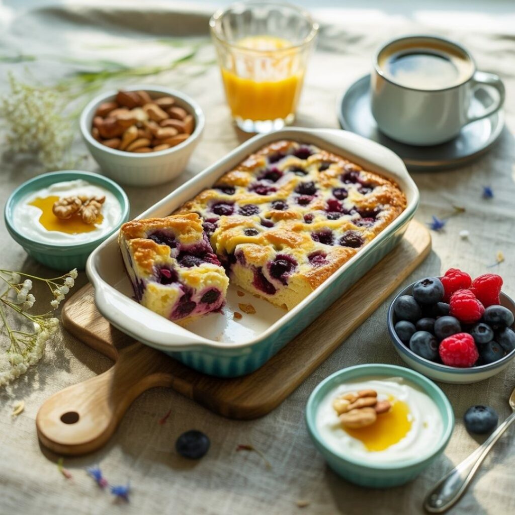 Breakfast spread with blueberry cottage cheese breakfast bake, yogurt, honey, and fresh fruit