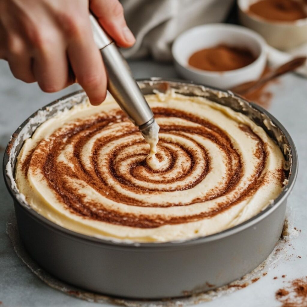 Hands piping cinnamon swirl mixture into cheesecake batter in a springform pan
