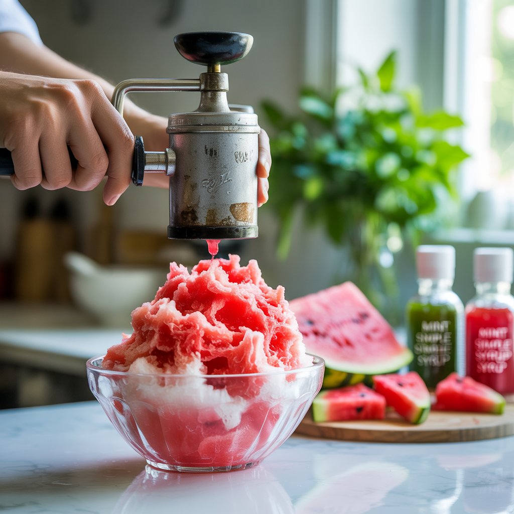 Hands operating ice shaving machine creating fluffy watermelon shaved ice with preparation ingredients visible in background