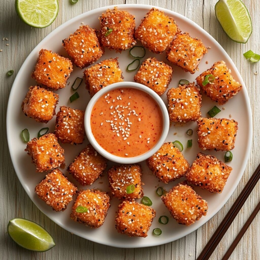 Crispy Bang Bang Salmon Bites arranged on a white platter with bang bang sauce, garnished with green onions and sesame seeds