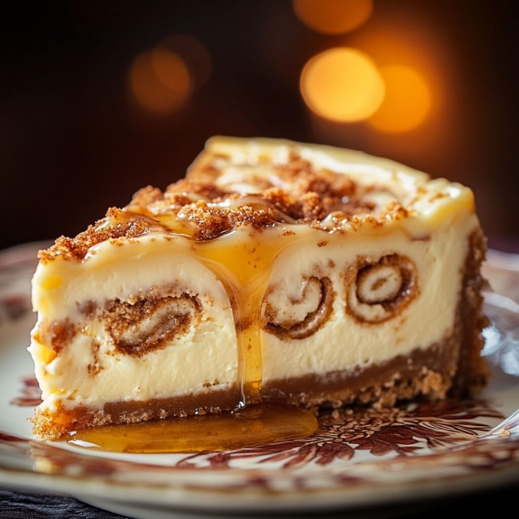 Close-up of a single slice of cinnamon roll honeybun cheesecake on a dessert plate