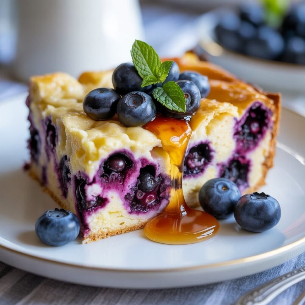 Slice of blueberry cottage cheese breakfast bake with maple syrup and fresh berries on a white plate