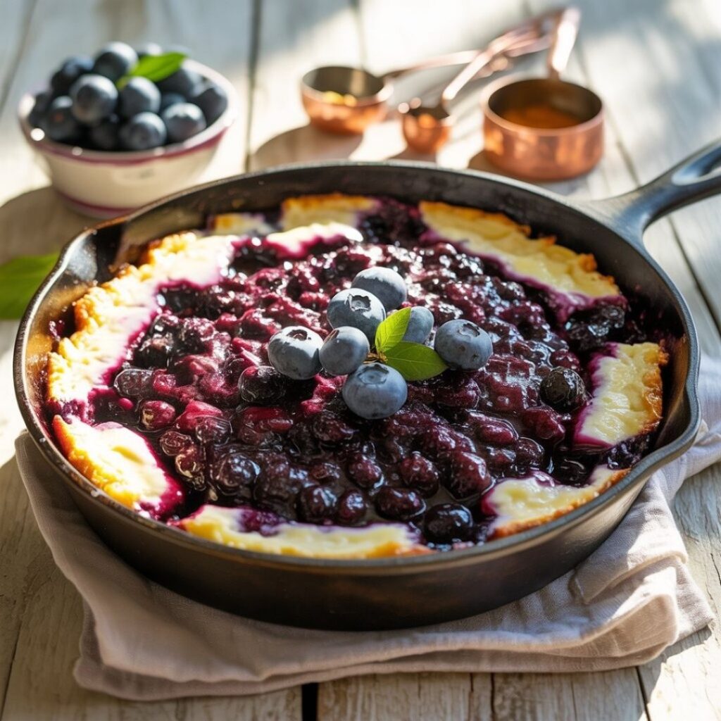 Overhead view of blueberry mixture being spread onto batter layer in a cast iron skillet