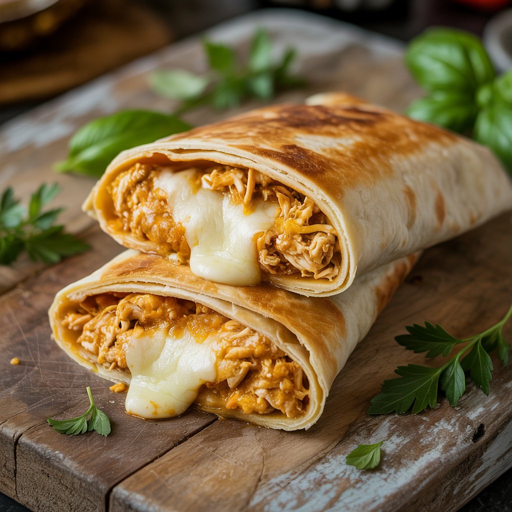 Golden-brown cheesy garlic chicken wraps cut in half showing melted cheese and chicken filling on wooden board