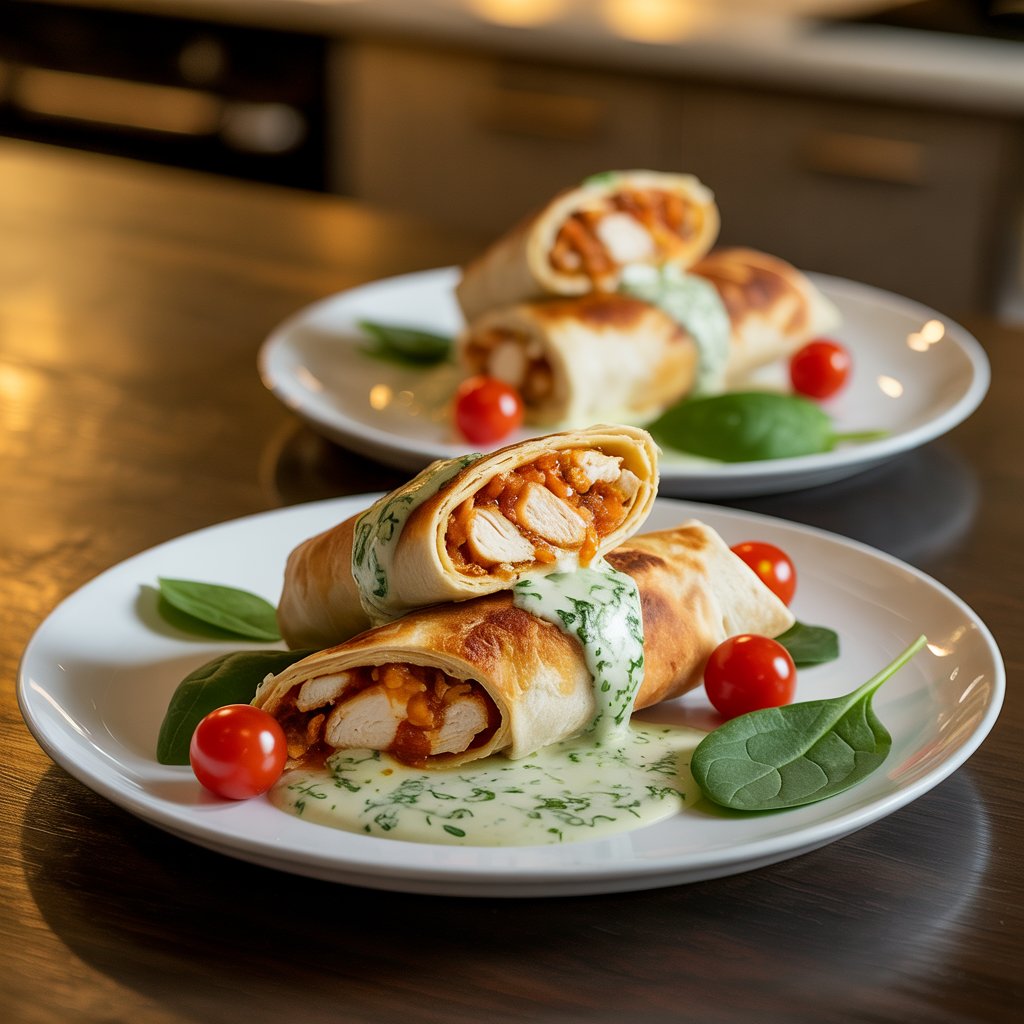 Two cheesy garlic chicken wraps plated with garnish and dipping sauce, surrounded by fresh ingredients like chicken and cheese