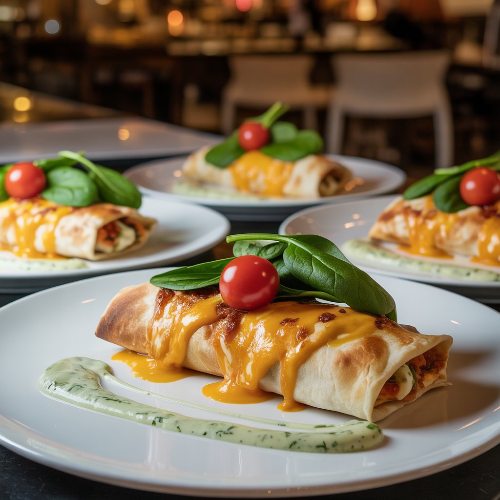 Elegantly plated cheesy garlic chicken wraps with herb sauce drizzle and fresh vegetable garnish on white plate