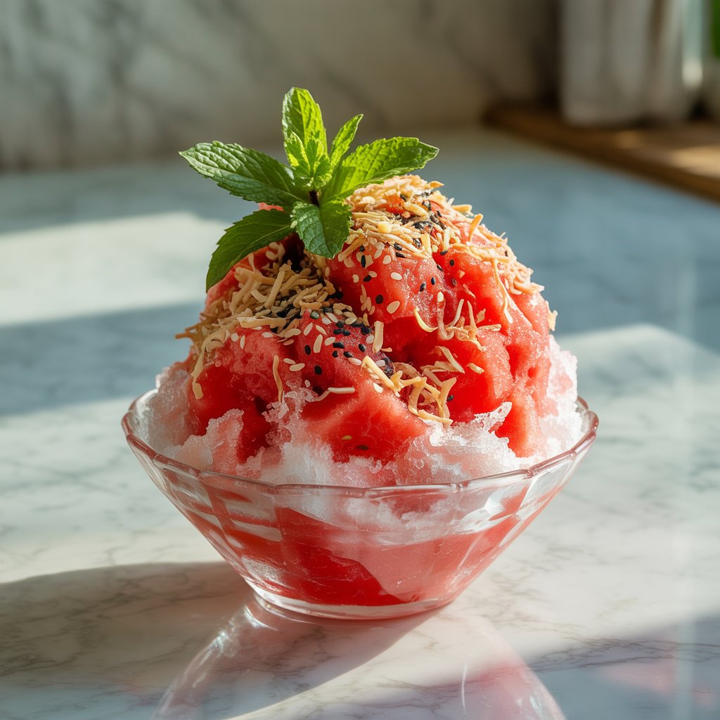 Close-up view of red watermelon shaved ice in clear glass bowl with coconut flakes, sesame seeds, and mint garnish on marble surface