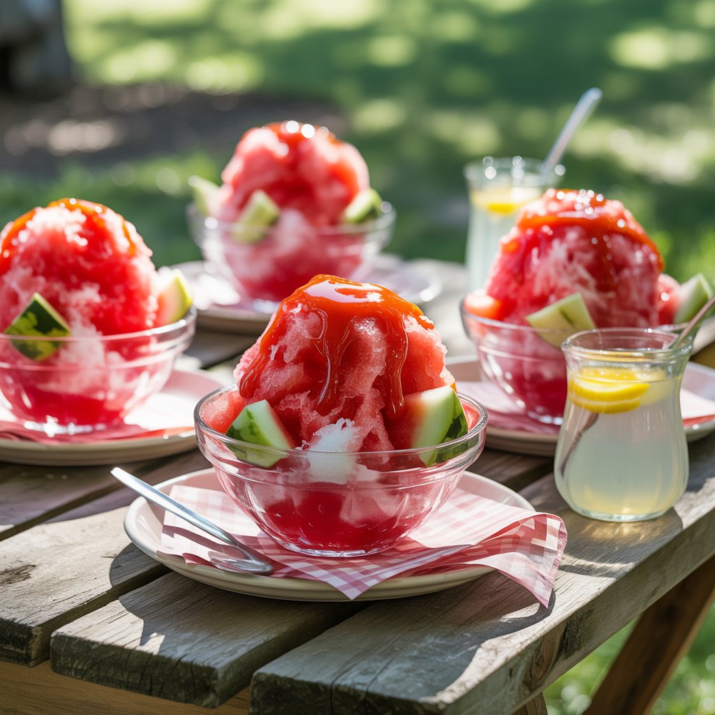 Enjoying watermelon shaved ice at outdoor summer party with multiple bowls on wooden table and string lights