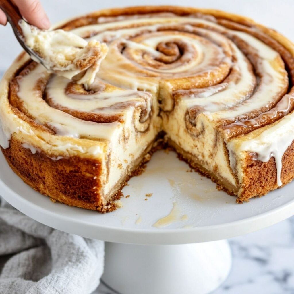 Whole cinnamon roll honeybun cheesecake with glazed top and a slice being removed