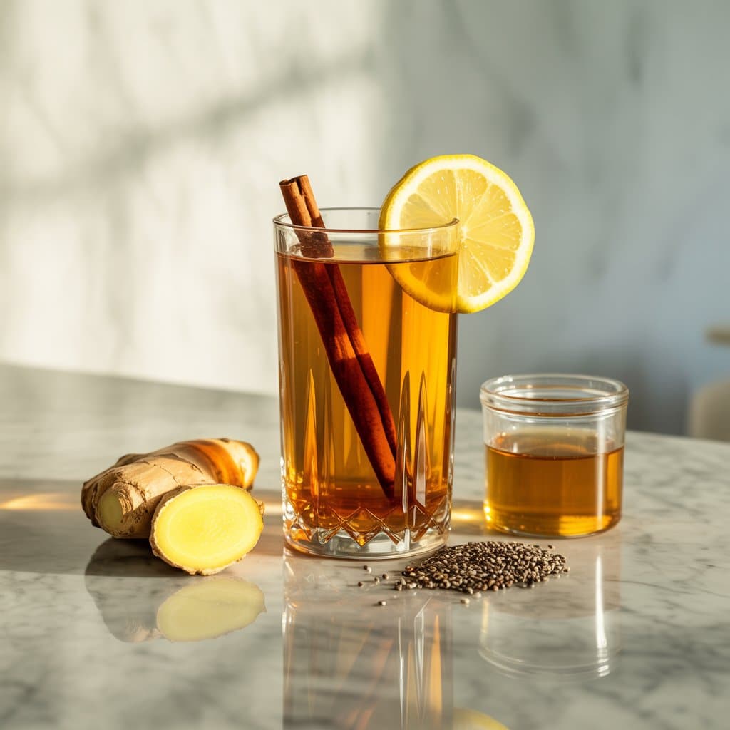 A clear glass cup filled with the golden natural Zepbound recipe drink, garnished with a lemon slice and a sprinkle of cinnamon