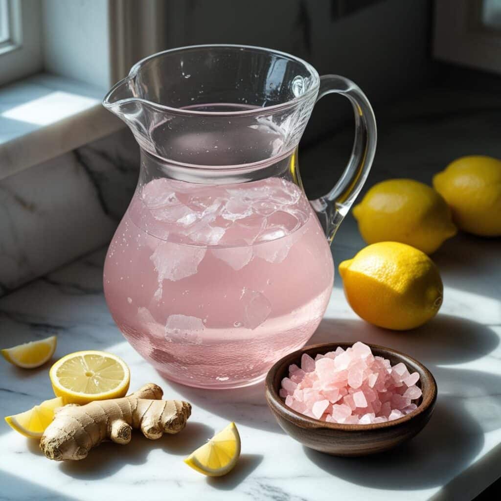 Pink salt trick recipe ingredients arranged on marble surface including glass pitcher, pink salt, lemons, and ginger
