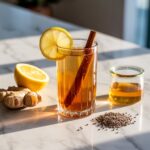 Tall glass of golden natural zepbound recipe drink with lemon garnish and cinnamon stick on marble surface with honey and ginger