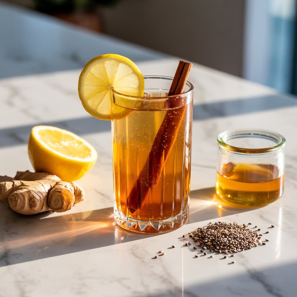 Tall glass of golden natural zepbound recipe drink with lemon garnish and cinnamon stick on marble surface with honey and ginger
