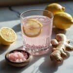 Pink salt trick recipe ingredients arranged on marble surface including glass pitcher, pink salt, lemons, and ginger