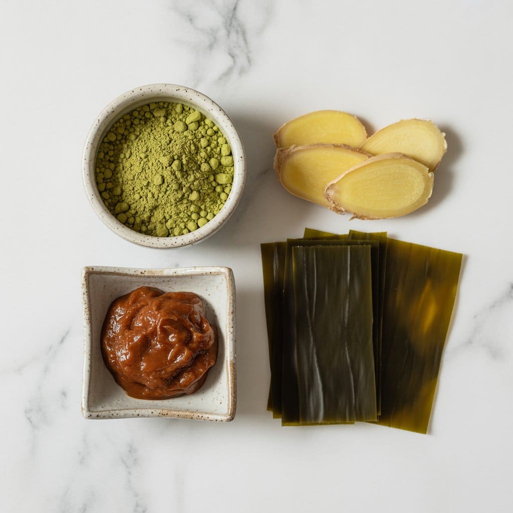 Flat lay of four Japanese Mounjaro recipe ingredients; matcha powder, umeboshi paste, kombu seaweed, and fresh ginger