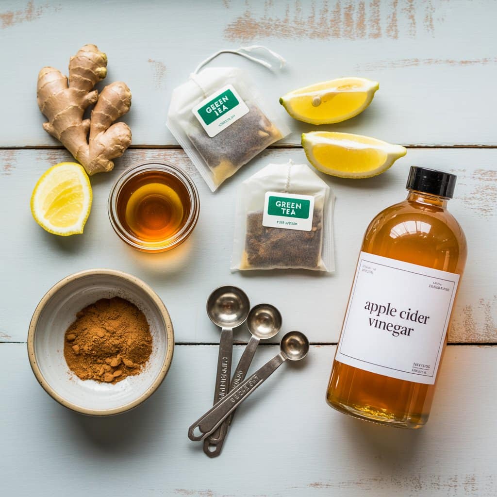 Flat lay of natural zepbound recipe ingredients including honey jar, ginger root, cinnamon, chia seeds, green tea, and lemon on white background