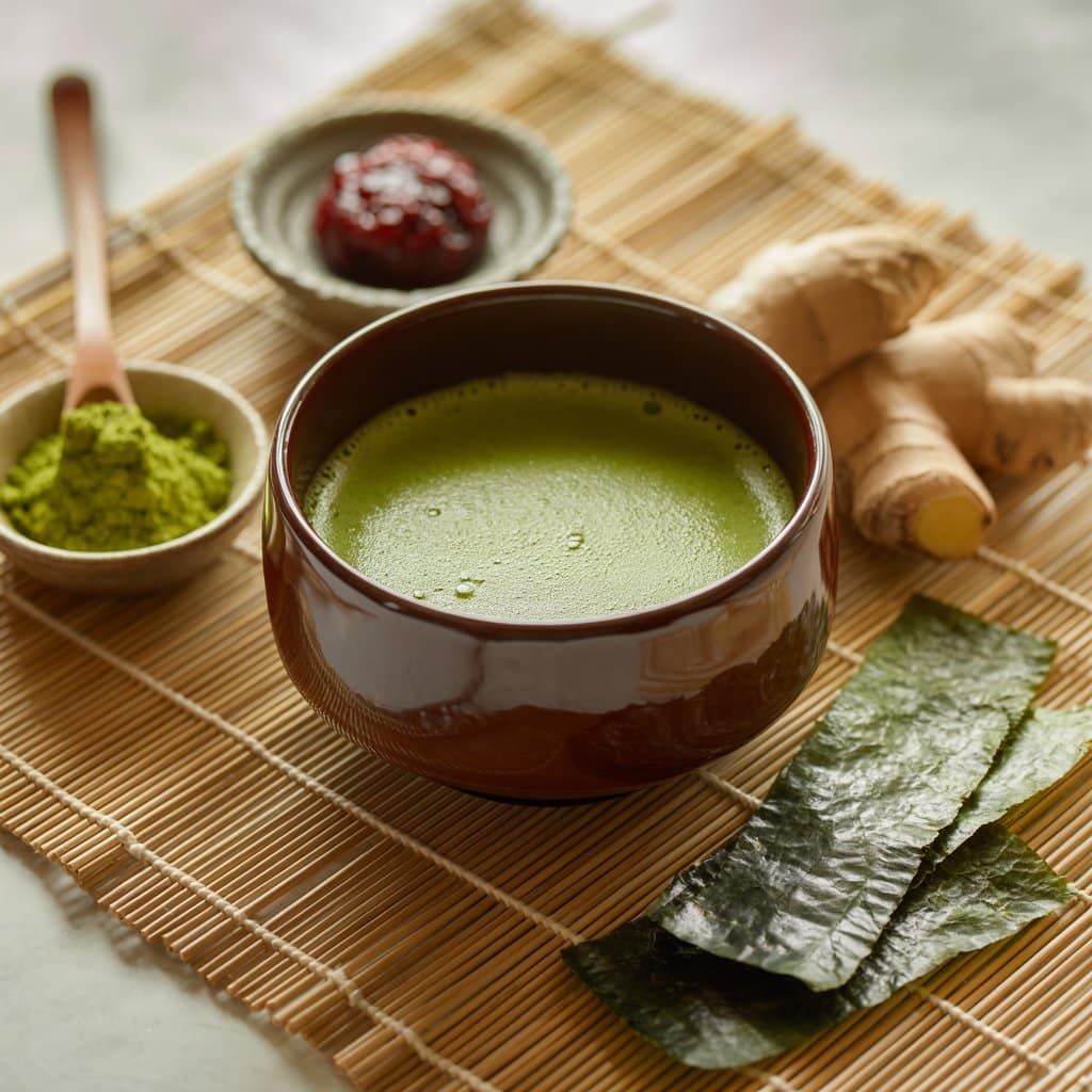 eramic bowl with Japanese Mounjaro recipe drink surrounded by matcha powder, umeboshi plum paste, ginger root, and kombu seaweed