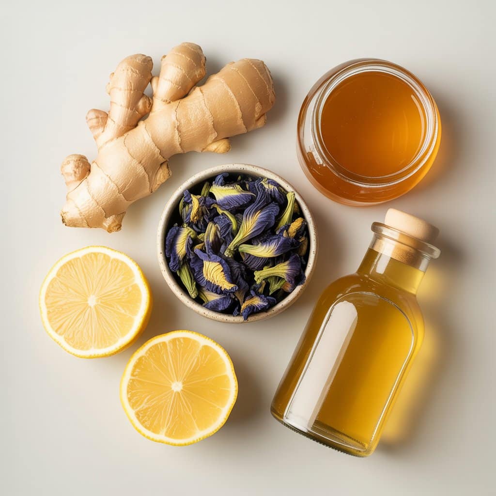 Flat lay arrangement of Brazilian Mounjaro Recipe ingredients including butterfly pea flowers, ginger, lemon, honey and apple cider vinegar