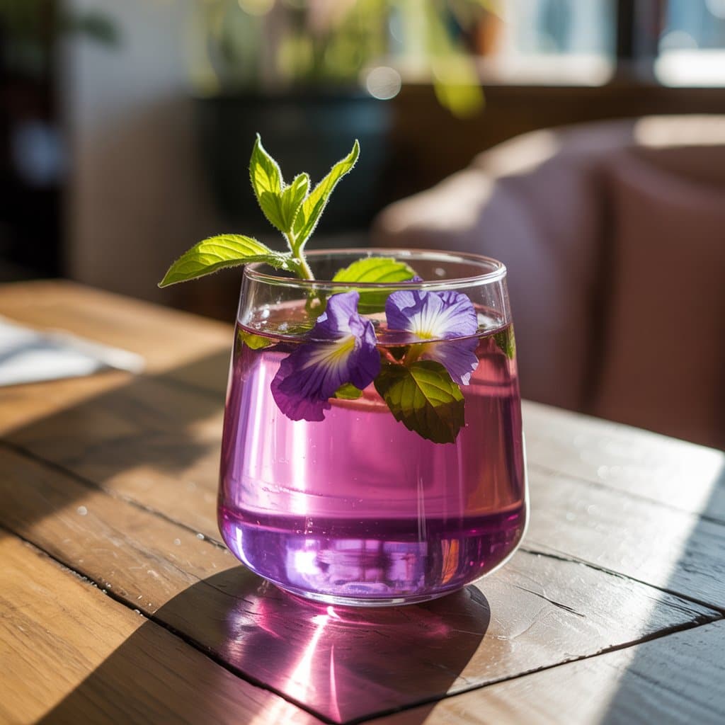 Elegant glass of purple-pink Brazilian Mounjaro Recipe with mint garnish on wooden table in natural morning light