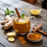 Golden natural mounjaro recipe wellness drink in clear glass mug with cinnamon stick garnish surrounded by fresh ingredients