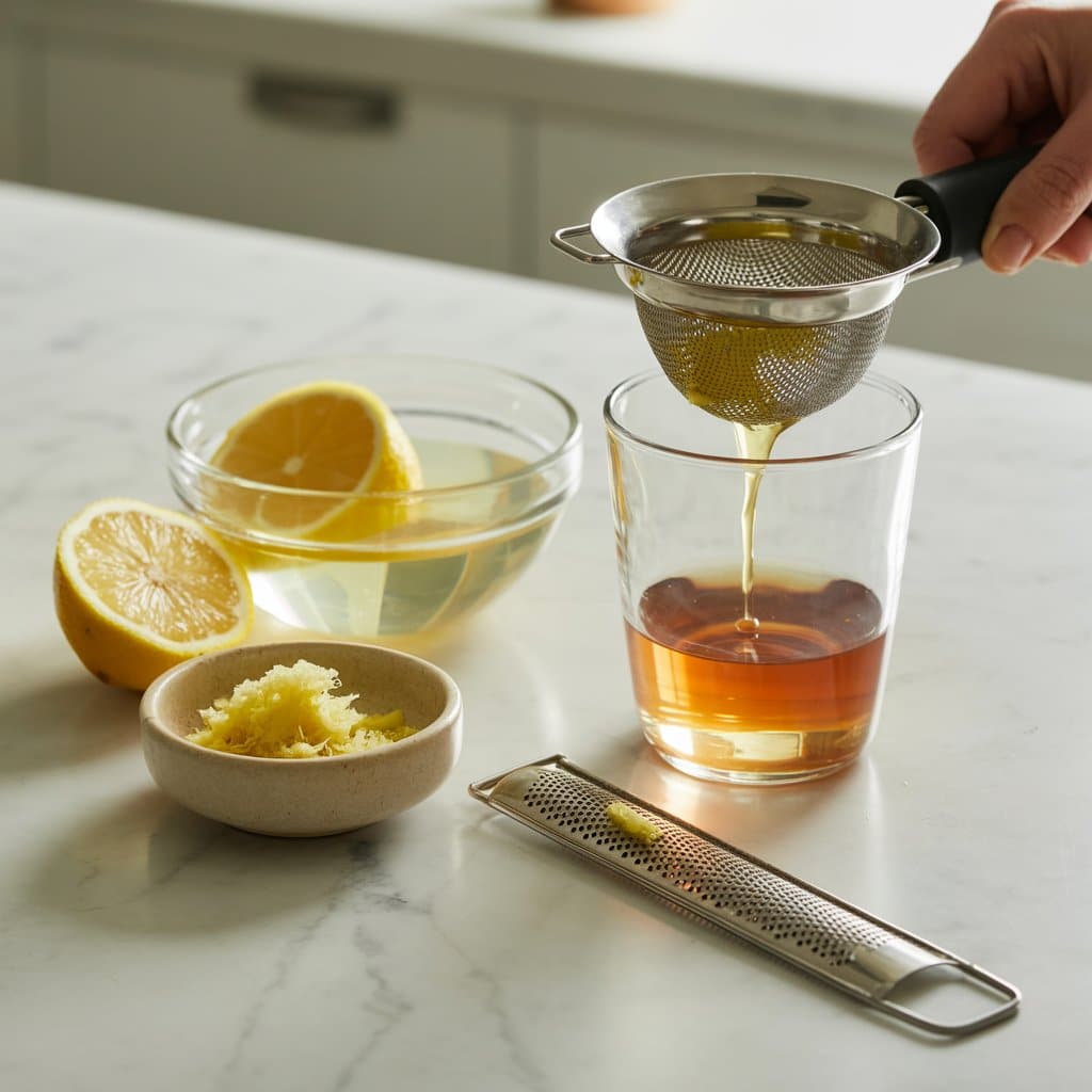 Step-by-step preparation of Mounjaro recipe with grated ginger, lemon juice, honey, and strained ginger infusion on clean kitchen counter