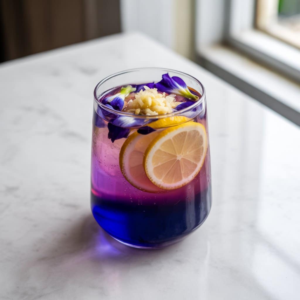 Glass showing Brazilian Mounjaro Recipe color transformation from blue to purple-pink with butterfly pea flowers and fresh ingredients