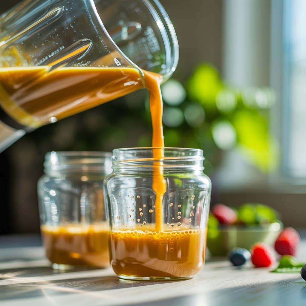 Pouring golden natural mounjaro recipe wellness elixir from blender into glass jars showing smooth texture