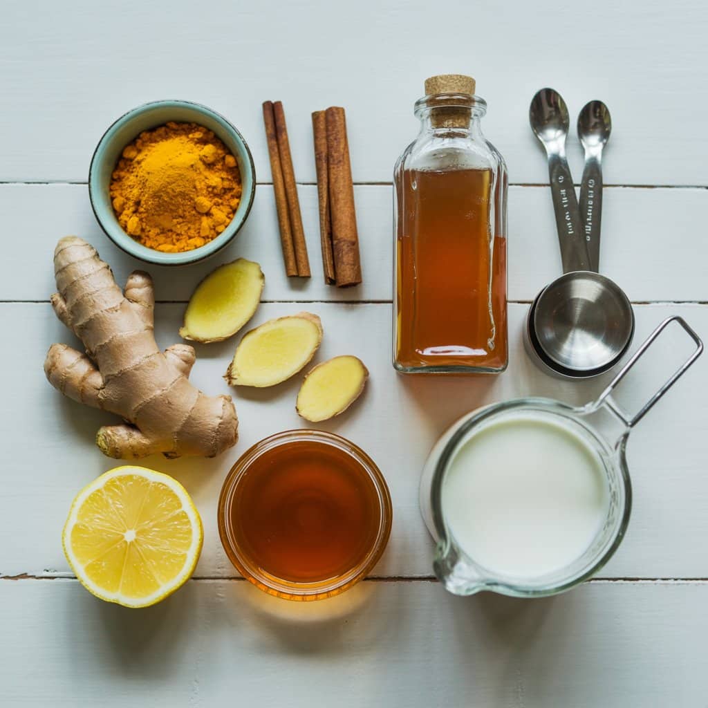 Top view of natural mounjaro recipe wellness drink ingredients including ginger, turmeric, cinnamon, lemons and honey on marble surface